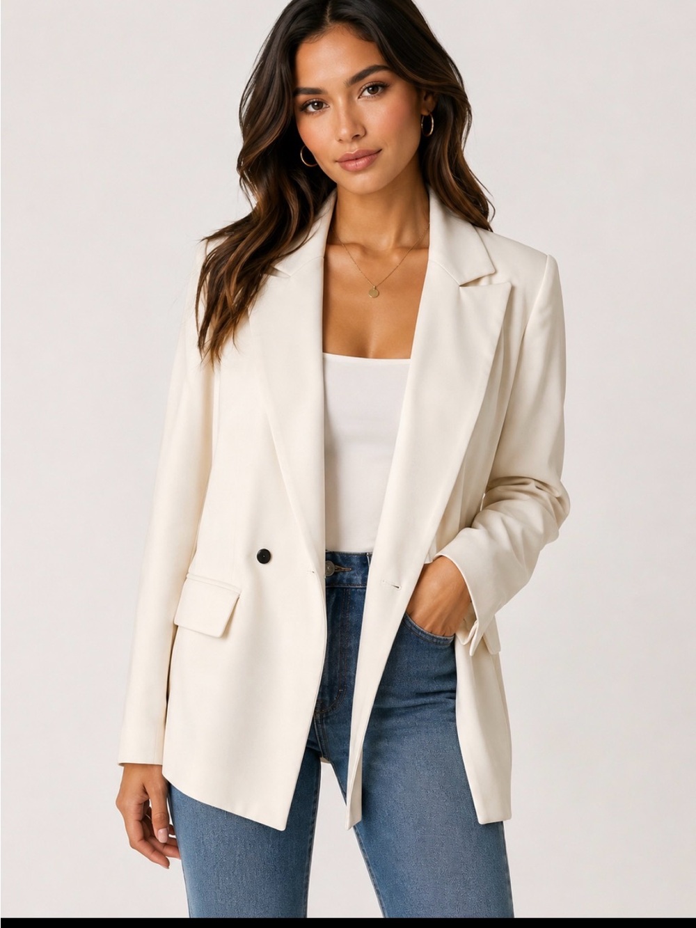 Zara Cream Single-Button Tailored Blazer